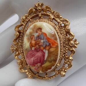 Vintage Courting Couple Porcelain Enamel Pin Brooch, 1960s, Signed